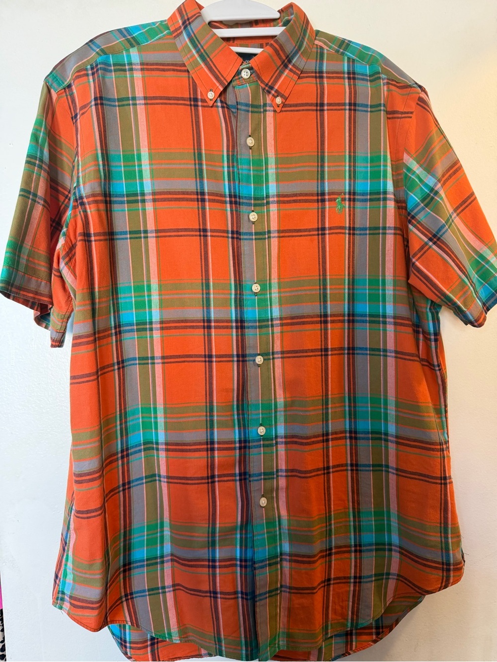 Ralph Lauren Classic Fit Plaid Button Down Shirt Men’s Orange Green Short Sleeve